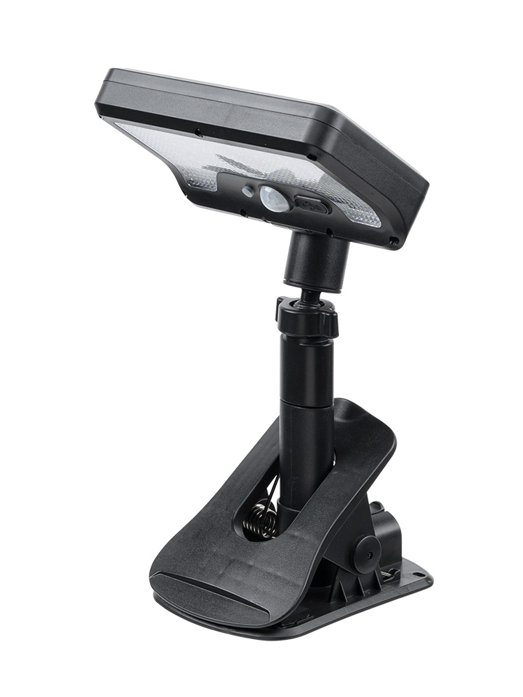 クリップで挟んで使えるソーラー充電式LEDライト | 自立スタンドにもなる2WAY仕様・屋外防水・人感センサー対応