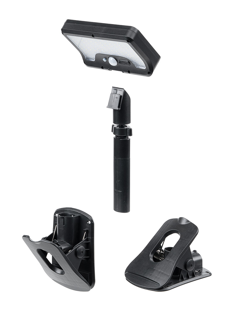 クリップで挟んで使えるソーラー充電式LEDライト | 自立スタンドにもなる2WAY仕様・屋外防水・人感センサー対応