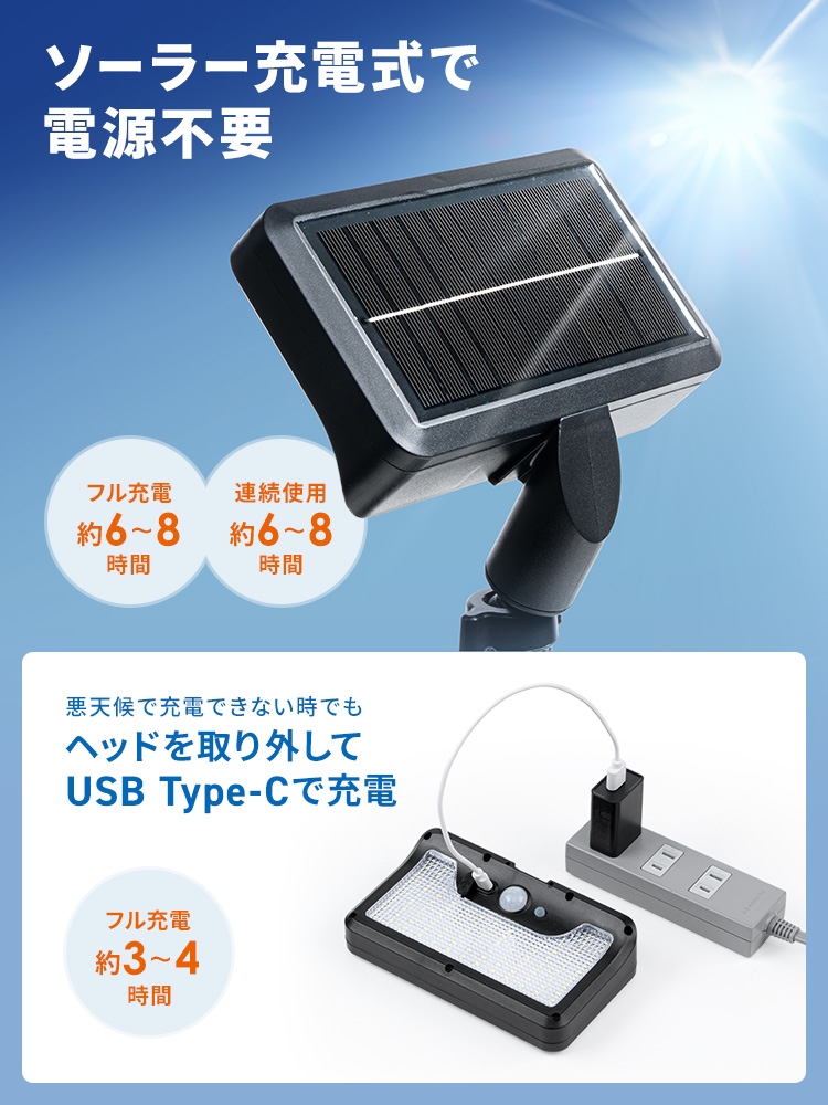 クリップで挟んで使えるソーラー充電式LEDライト | 自立スタンドにもなる2WAY仕様・屋外防水・人感センサー対応