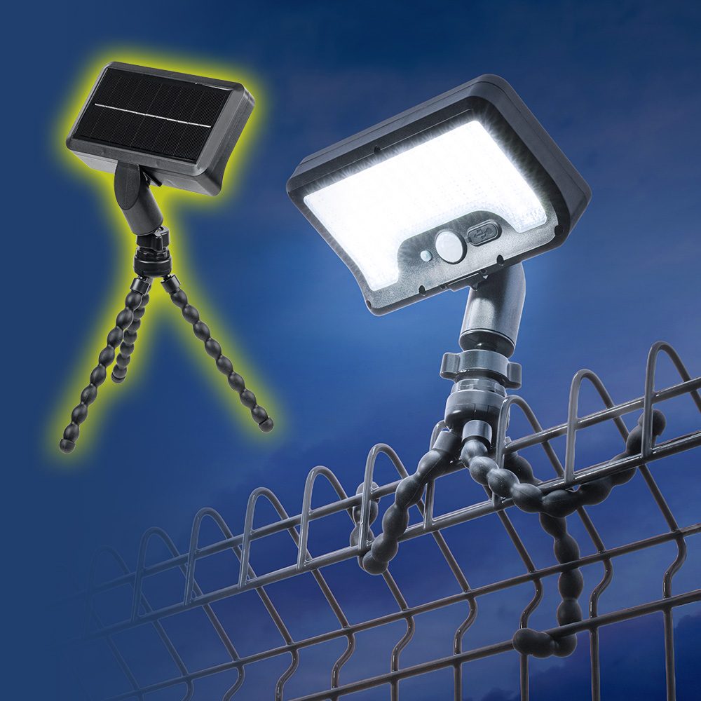 フレキシブルアームでメッシュフェンスや枝に巻けるLEDソーラーライト | 防水・人感センサー搭載で屋外・車庫・キャンプ照明に最適