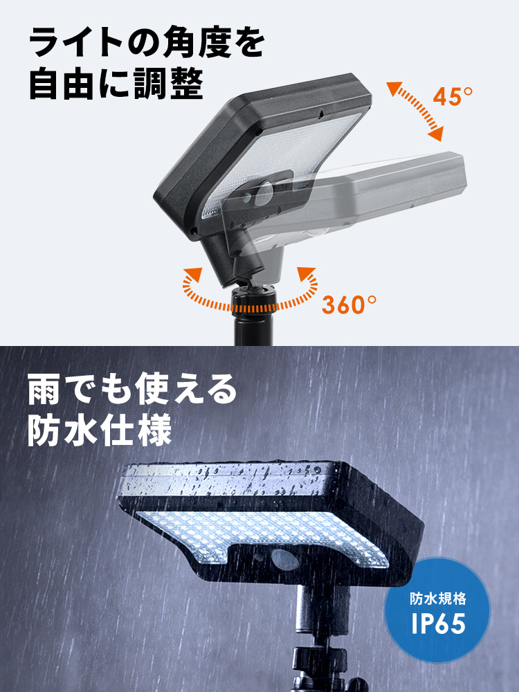 フレキシブルアームでメッシュフェンスや枝に巻けるLEDソーラーライト | 防水・人感センサー搭載で屋外・車庫・キャンプ照明に最適