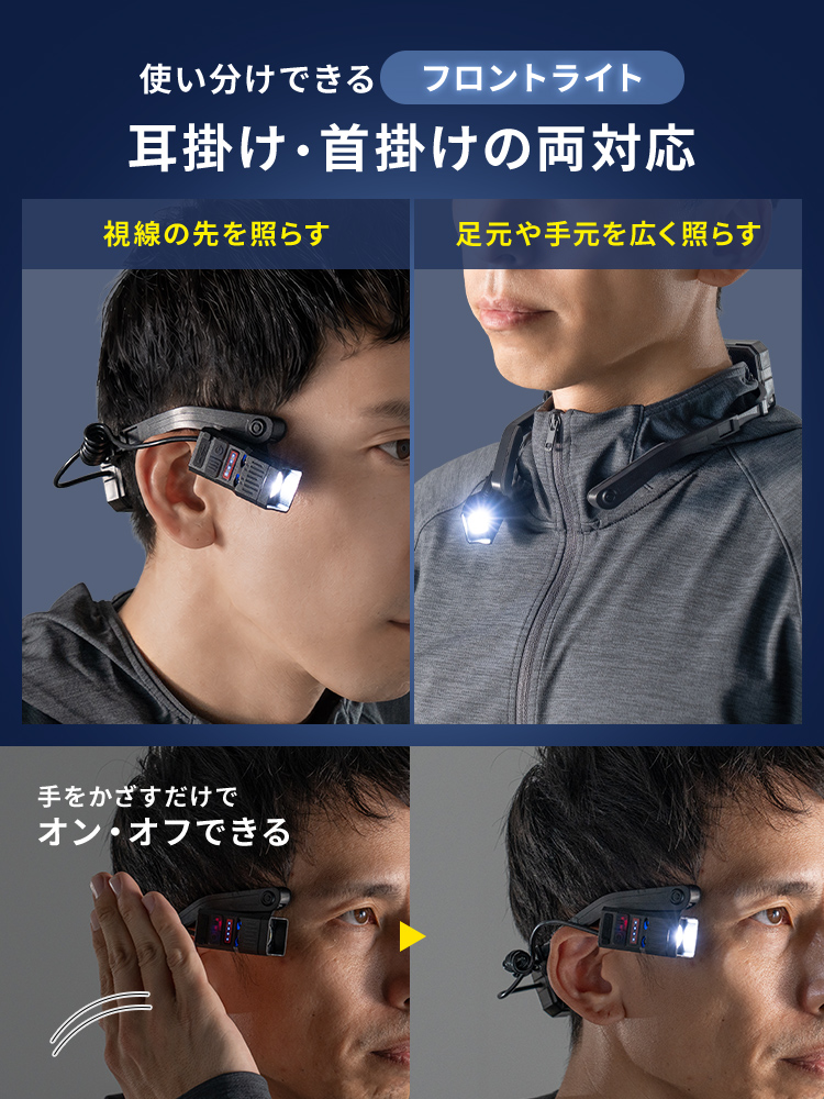 【便利】手かざしで簡単操作!耳・首掛け対応の充電式LEDヘッドライト