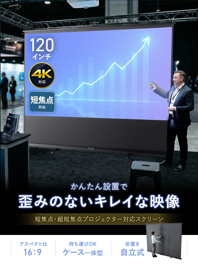 超短焦点対応 プロジェクタースクリーン 120インチ | 自立式・床置き・4K対応 大画面モデル