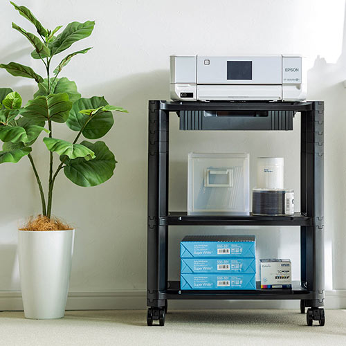 プリンター台(3段・キャスター・引き出し・ラック・オフィス・おしゃれ・黒・幅50cm・奥行33cm)