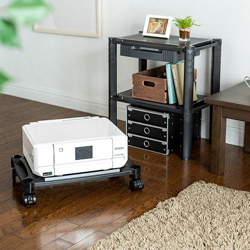 プリンター台(3段・キャスター・引き出し・ラック・オフィス・おしゃれ・黒・幅50cm・奥行33cm)