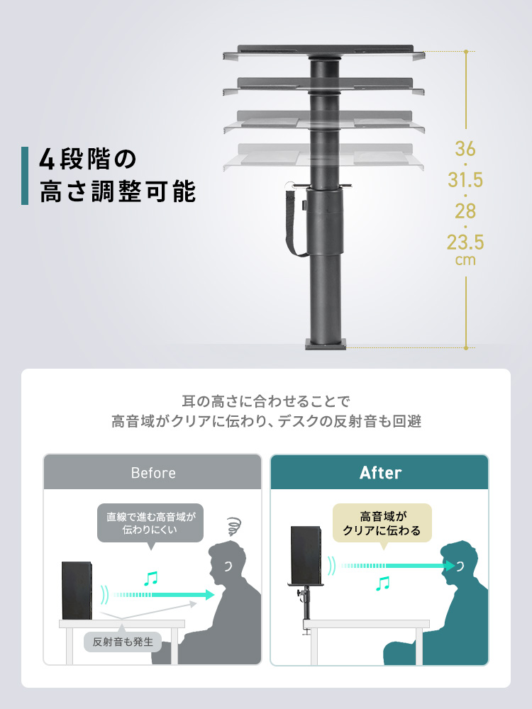 スピーカースタンド クランプ式 卓上タイプ 金属製で安定 高さ＆角度調整可能のおすすめ品