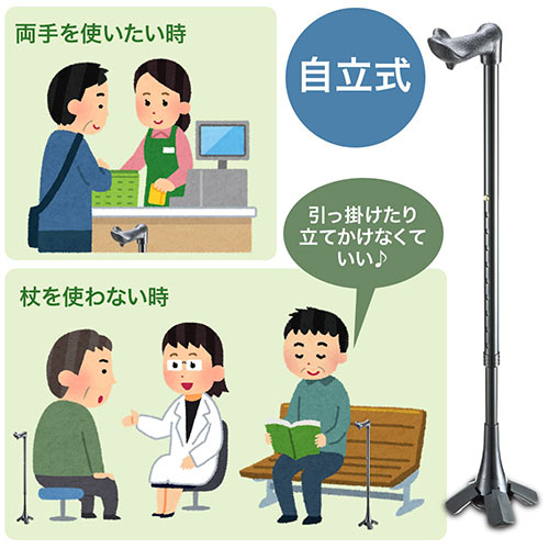杖(ステッキ・右手用・グリップ・リハビリ・握り方・伸縮・介護・自立・4点・倒れない・高さ・長さ調節・短い・高齢者用)