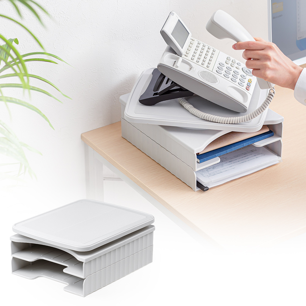 A4収納対応2段棚と360度回転の卓上電話台 | 省スペース設計でデスクやオフィスを整理する ライトグレー