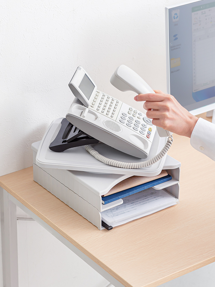 A4収納対応2段棚と360度回転の卓上電話台 | 省スペース設計でデスクやオフィスを整理する ライトグレー