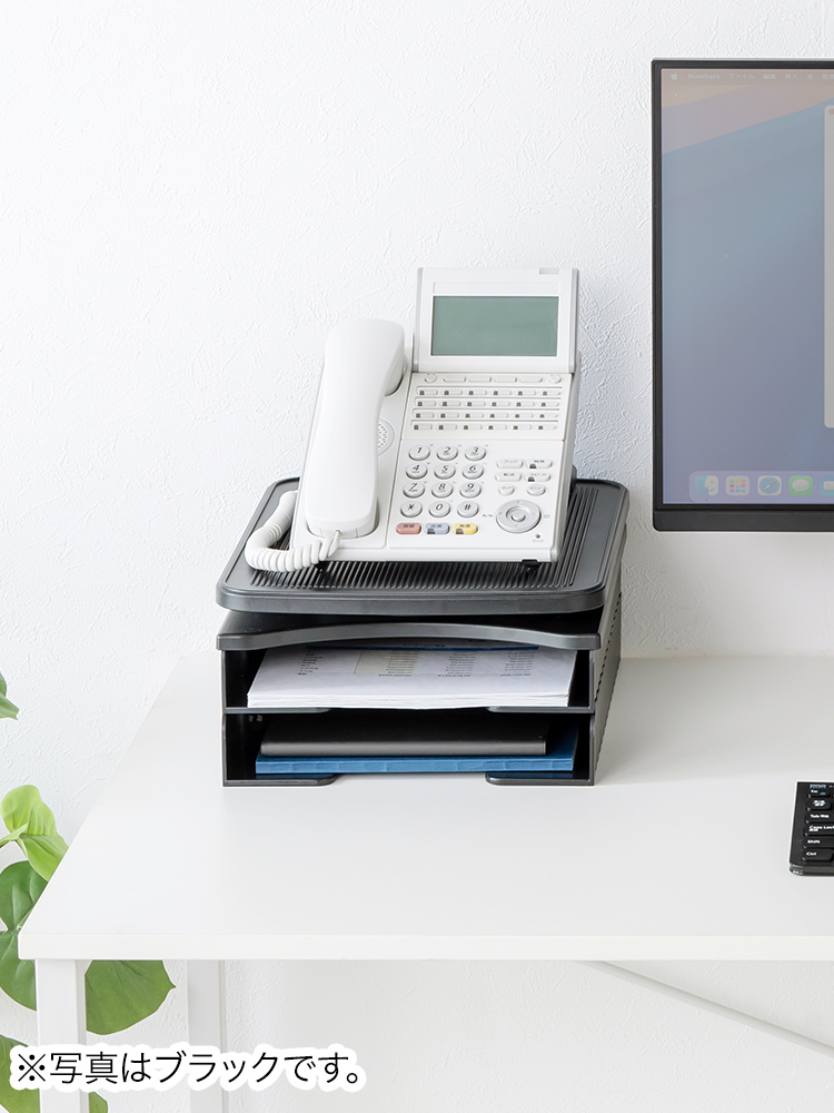 A4収納対応2段棚と360度回転の卓上電話台 | 省スペース設計でデスクやオフィスを整理する ライトグレー