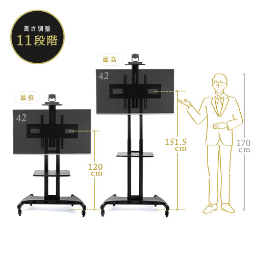 テレビスタンド （キャスター付き・自立式・ハイタイプ・移動式・棚板・角度調整・テレビ会議・おすすめ・32から65インチ対応） EEX-TVS006V