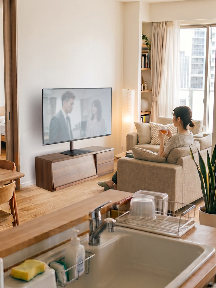 おしゃれな机上テレビスタンド | ロータイプで32~65インチに対応、便利な首振り・高さ調整機能付き