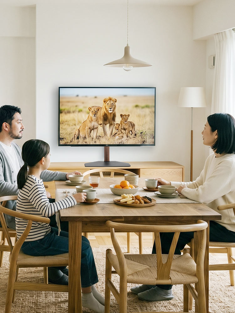 おしゃれな机上テレビスタンド | ロータイプで32~55インチに対応、便利な首振り・高さ調整機能付き