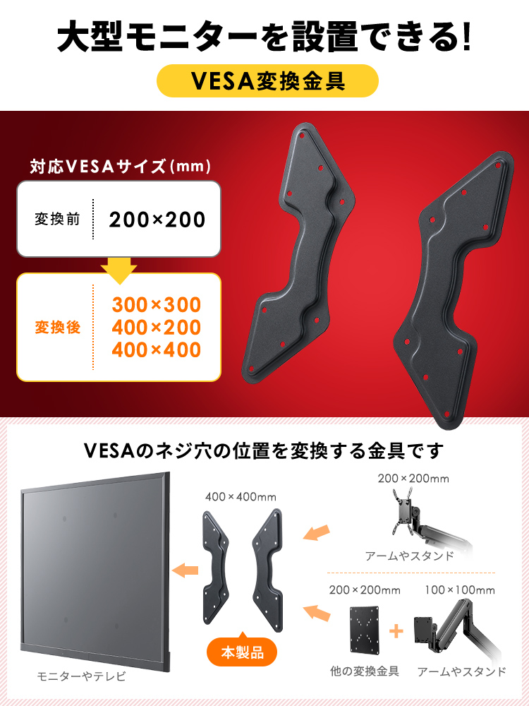 VESA変換金具 アダプター プレート｜300×300mm・400×400mm・400×200mm モニター・テレビ用壁掛けブラケット ネジ付