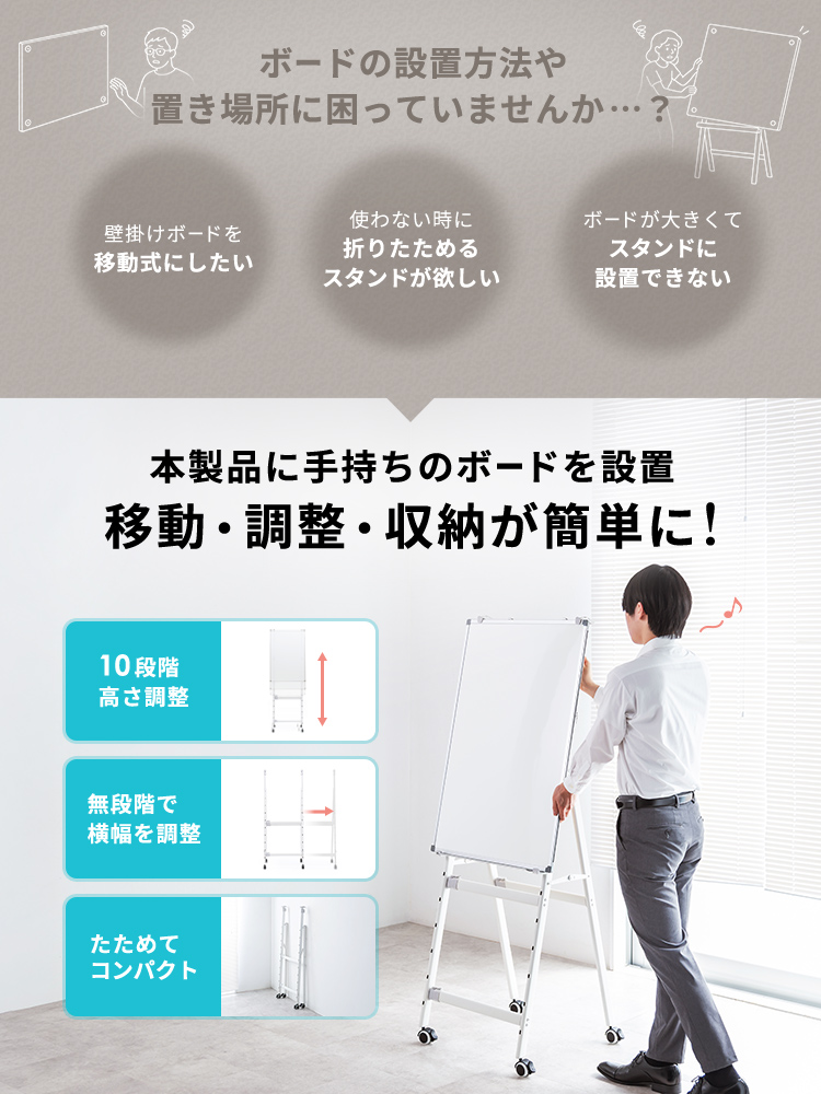 店舗看板や黒板にも！ホワイトボードスタンド（ブラック）キャスター付