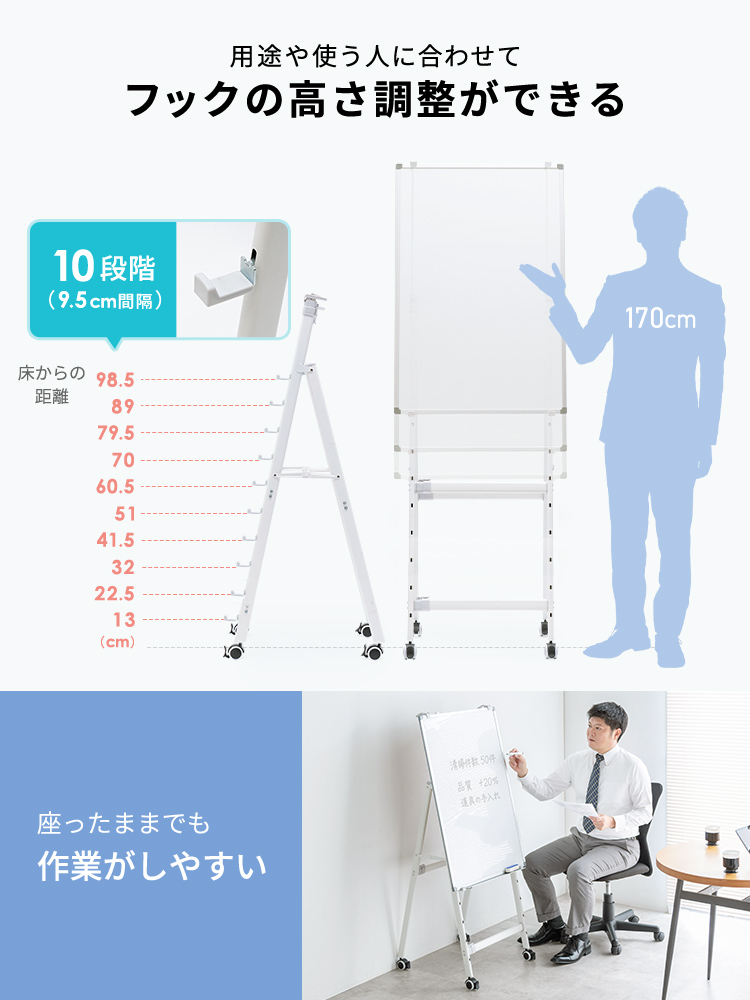 ホワイトボードスタンド（折り畳み・キャスターロック付・高さ横幅調整可で省スペース収納）