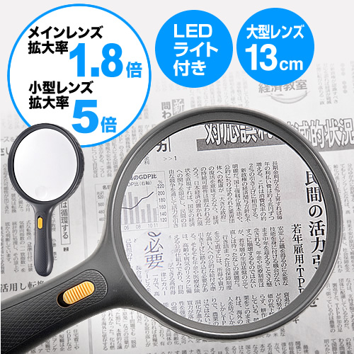 手持ちルーペ（大型拡大鏡・LEDライト付・1.5倍＆5倍） EEZ-LPE001