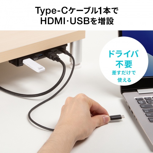 木製天板取付用ドッキングステーション（HDMI・1画面・4K/60Hz・PD90W・5Gbps・USB-C×1・USB-A×3）