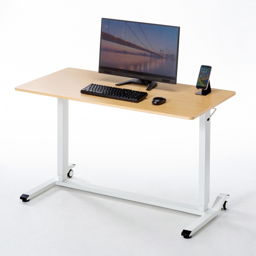 ガス圧式昇降デスク（幅120cm・奥行き60cm・キャスター付き・薄い木目）ERD-G12060LM