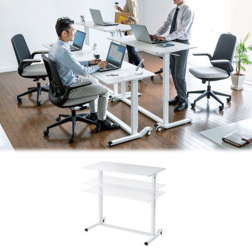 ガス圧式昇降デスク（幅120cm・奥行き60cm・キャスター付き・ホワイト）ERD-G12060W