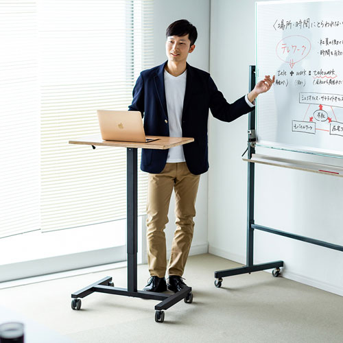 スタンディングデスク（昇降式・ガス圧・幅620mm×奥行き430mm・木目・キャスターつき）ERD-GAP1LMN サンワサプライ