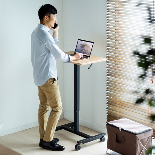 スタンディングデスク（昇降式・ガス圧・幅620mm×奥行き430mm・木目・キャスターつき）ERD-GAP1LMN サンワサプライ