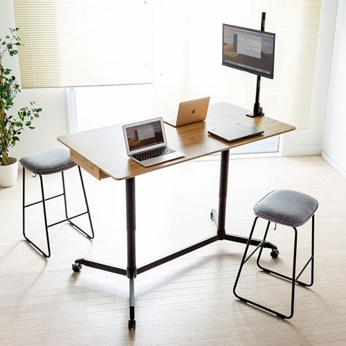 スタンディングデスク(ミーティング・ガス圧昇降・キャスター付き・W1500×D800mm・引き出しつき・薄い木目) ERD-MTGA15080LM サンワサプライ