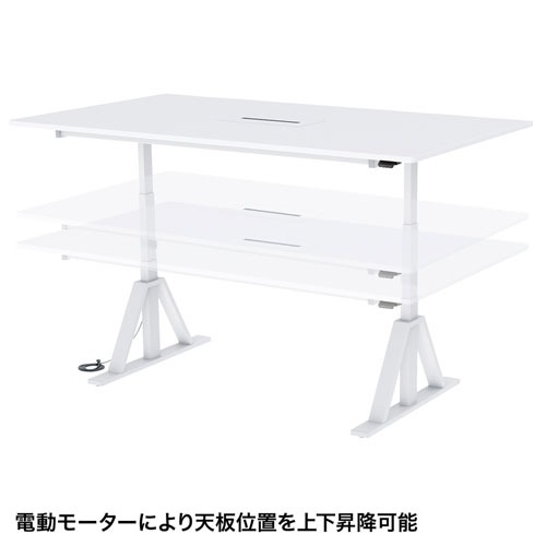 昇降デスク(W2100×D1200・電動式・ミーティングデスク・ケーブルタップ受けつき・ホワイト)