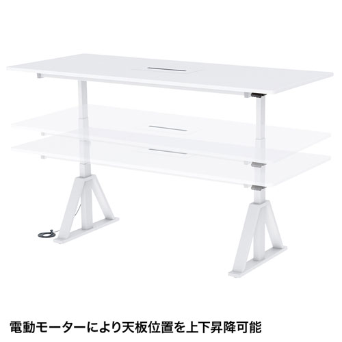 昇降デスク(W2100×D900・電動式・ミーティングデスク・ケーブルタップ受けつき・ホワイト)
