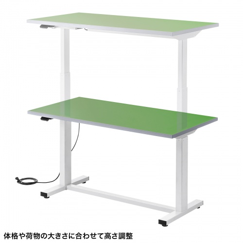 電動昇降作業台（電動昇降デスク・上下昇降デスク・作業台・塩ビシート・グリーン・幅120cm 奥行60cm 高さ63.4～128.4cm・耐荷重100kg）　【受注生産品】