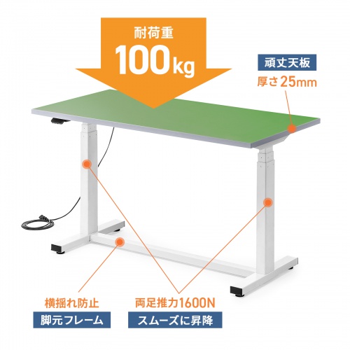 電動昇降作業台（電動昇降デスク・上下昇降デスク・作業台・塩ビシート・グリーン・幅120cm 奥行60cm 高さ63.4～128.4cm・耐荷重100kg）　【受注生産品】