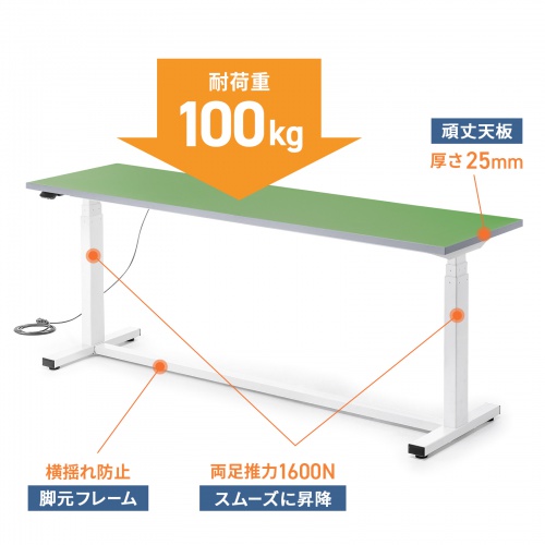 電動昇降作業台（電動昇降デスク・上下昇降デスク・作業台・塩ビシート・グリーン・幅180cm 奥行50cm 高さ63.4～128.4cm・耐荷重100kg） 【受注生産品】