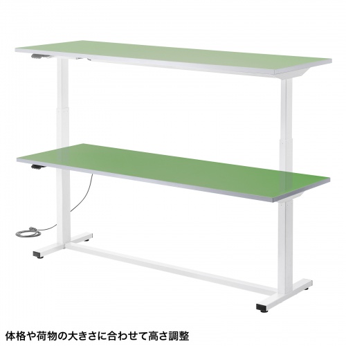 電動昇降作業台（電動昇降デスク・上下昇降デスク・作業台・塩ビシート・グリーン・幅180cm 奥行60cm 高さ63.4～128.4cm・耐荷重100kg） 【受注生産品】