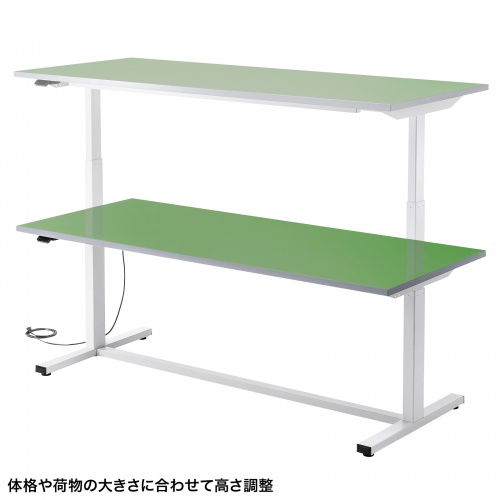 電動昇降作業台（電動昇降デスク・上下昇降デスク・作業台・塩ビシート・グリーン・幅180cm 奥行75cm 高さ63.4～128.4cm・耐荷重100kg） 【受注生産品】