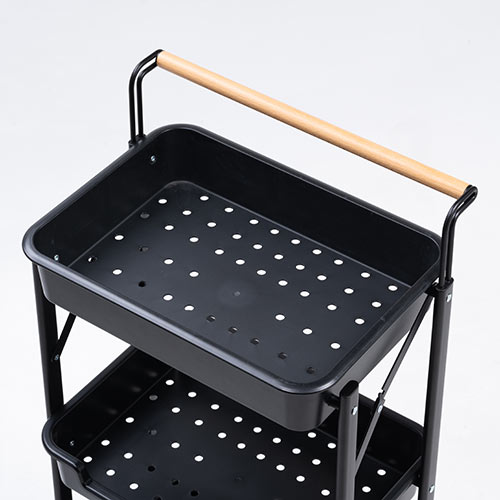 キッチンワゴン キャスター付き 3段 折りたたみ可能 持ち手付き ブラック