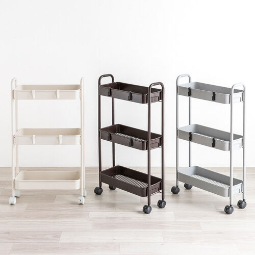 キッチンワゴン（スリム・キャスター付・バスケットラック・収納・小型・3段・グレー）