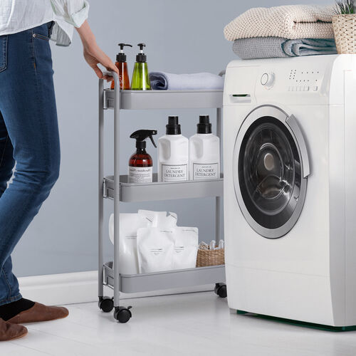 キッチンワゴン（スリム・キャスター付・バスケットラック・収納・小型・3段・グレー）