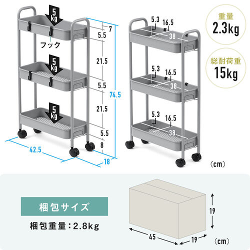キッチンワゴン（スリム・キャスター付・バスケットラック・収納・小型・3段・グレー）