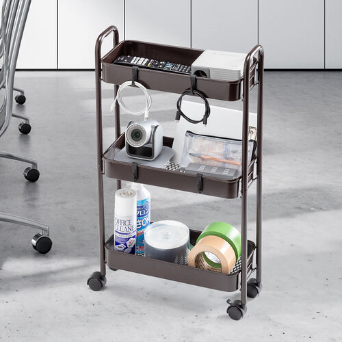 キッチンワゴン（スリム・キャスター付・バスケットラック・収納・小型・3段・ブラウン）