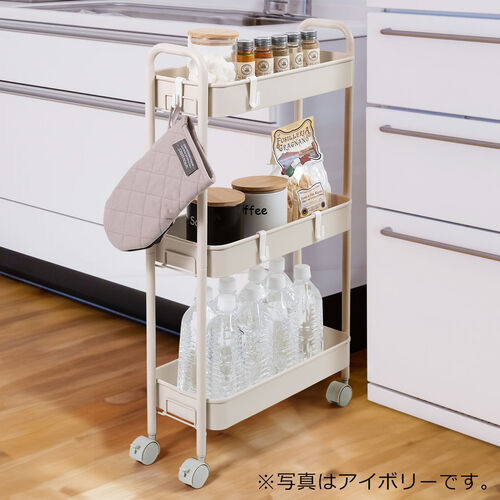 キッチンワゴン（スリム・キャスター付・バスケットラック・収納・小型・3段・ブラウン）