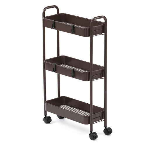 キッチンワゴン（スリム・キャスター付・バスケットラック・収納・小型・3段・ブラウン）