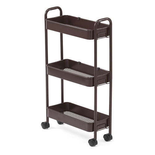 キッチンワゴン（スリム・キャスター付・バスケットラック・収納・小型・3段・ブラウン）