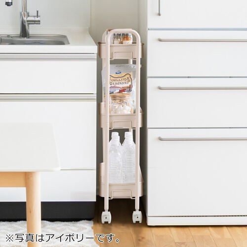 キッチンワゴン（スリム・キャスター付・バスケットラック・収納・小型・3段・ブラウン）