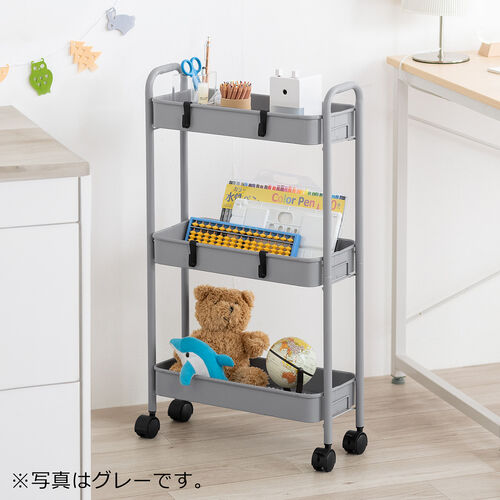 キッチンワゴン（スリム・キャスター付・バスケットラック・収納・小型・3段・ブラウン）