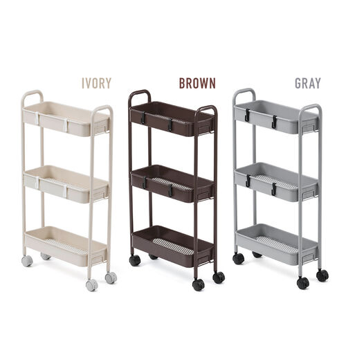 キッチンワゴン（スリム・キャスター付・バスケットラック・収納・小型・3段・ブラウン）