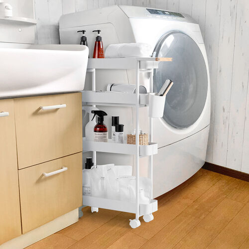 キッチンワゴン（スリム・キャスター付・隙間収納・取っ手付・バスケットラック・収納・小型・4段・ホワイト）