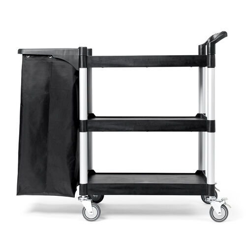 ツールワゴン（収納袋付き・3段・総耐荷重180kg・リネンカート・90L大容量・リネン・ゴミ回収・ホテル清掃・キャスター付き・ツールカート・業務用・ブラック）