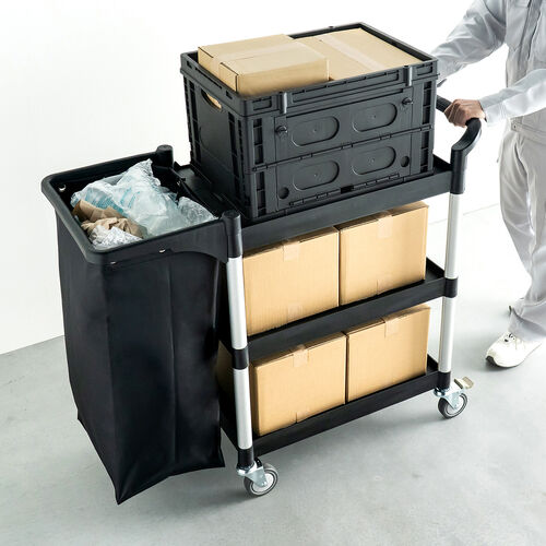 ツールワゴン（収納袋付き・3段・総耐荷重180kg・リネンカート・90L大容量・リネン・ゴミ回収・ホテル清掃・キャスター付き・ツールカート・業務用・ブラック）