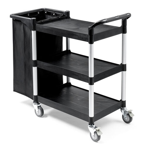 ツールワゴン（収納袋付き・3段・総耐荷重180kg・リネンカート・90L大容量・リネン・ゴミ回収・ホテル清掃・キャスター付き・ツールカート・業務用・ブラック）