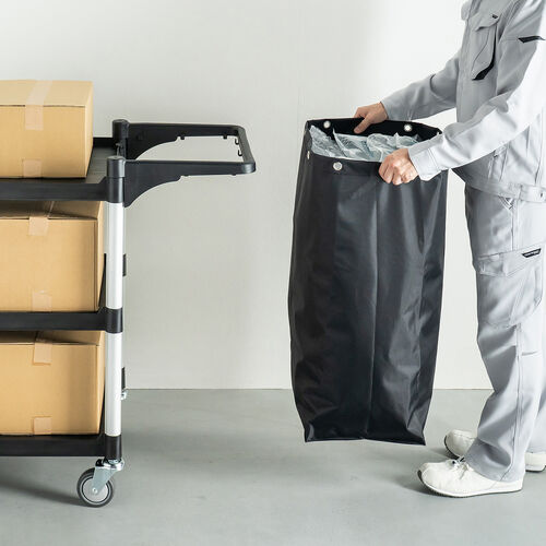 ツールワゴン（収納袋付き・3段・総耐荷重180kg・リネンカート・90L大容量・リネン・ゴミ回収・ホテル清掃・キャスター付き・ツールカート・業務用・ブラック）